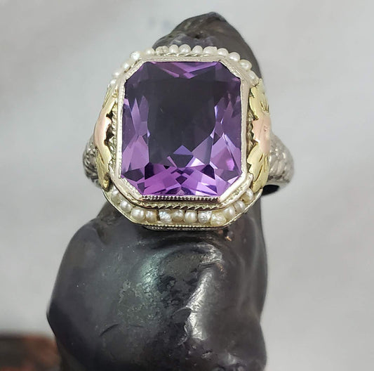 14k tri colored gold c.1920's floral filigree Deco amethyst & seed pearls