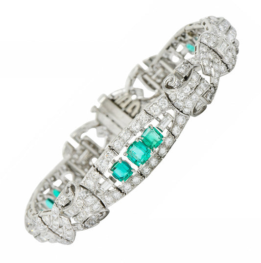 1950's Mid-Century 9.55 CTW Emerald Diamond Platinum Scrolled Link Bracelet