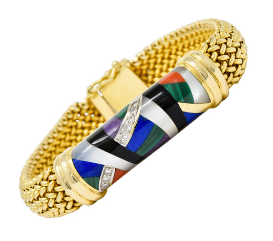 Asch Grossbardt Vintage Diamond Gemstone Inlay 14 Karat Gold Mesh Bracelet