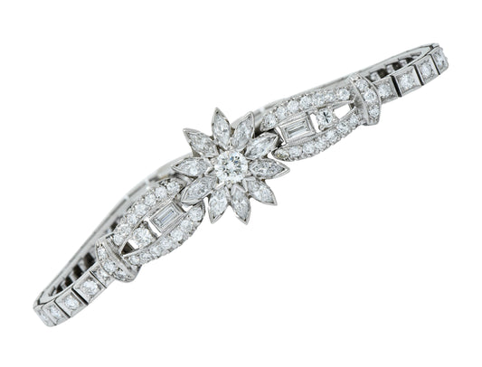 1950?¡¥s Mid-Century 4.00 CTW Diamond Platinum Floral Cluster Link Bracelet
