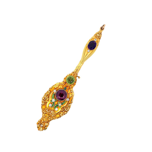 Art Nouveau Garnet Peridot Amethyst Diamond 14k Yellow Lorgnette Pendant