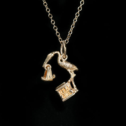 Estate 14K Yellow Gold Stork & Baby It's A Girl Charm