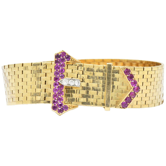 1940's Retro 1.37 CTW Ruby Diamond 14 Karat Gold Jarreti¡§¡§re Buckle Link Bracelet