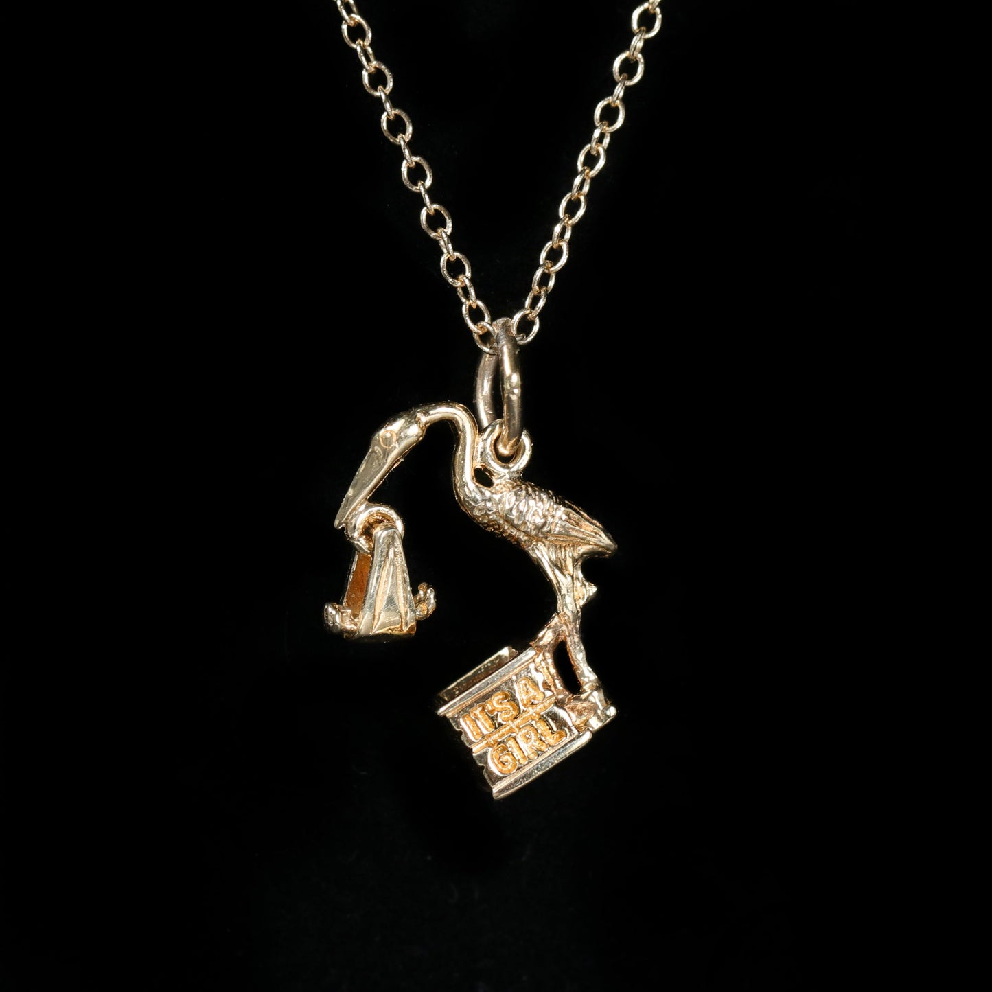 Estate 14K Yellow Gold Stork & Baby It's A Girl Charm